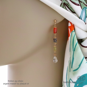 Boucles d'oreilles longues avec multiples pierres semi-précieuses, plaqué or ou argent massif, fait main, création by Alicia