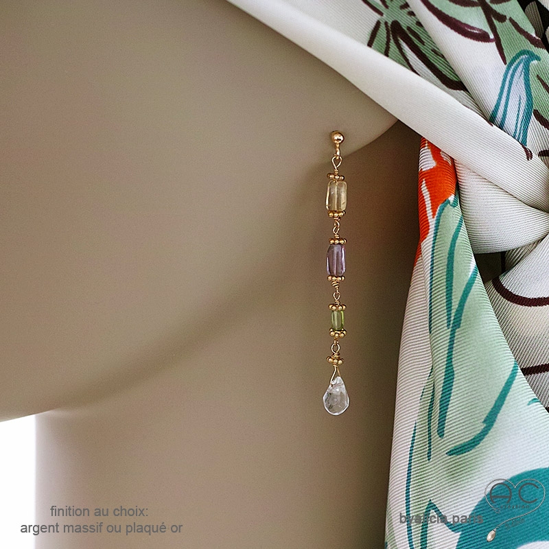 Boucles d'oreilles longues avec multiples pierres semi-précieuses, plaqué or ou argent massif, fait main, création by Alicia
