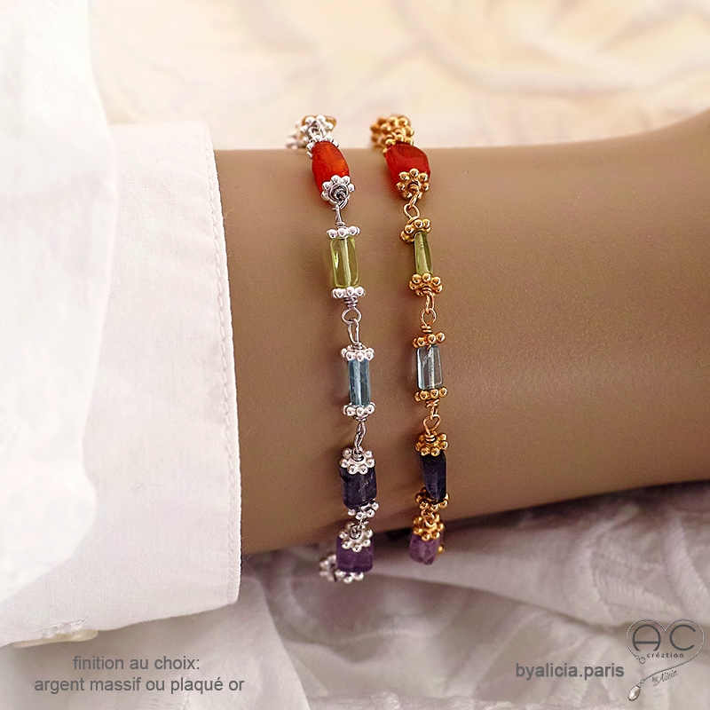 Bracelet avec multiples pierres semi-précieuses, argent ou plaqué or, fait main, création by Alicia