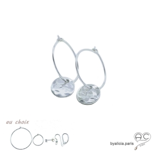 Boucles d'oreilles, crèoles avec une médaille martelé en argent 925, choix des différentes attaches
