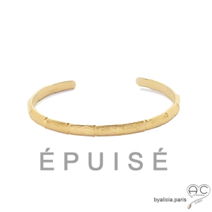 Bracelet jonc ouvert, tige de bambou en plaqué or ciselé, chic, femme