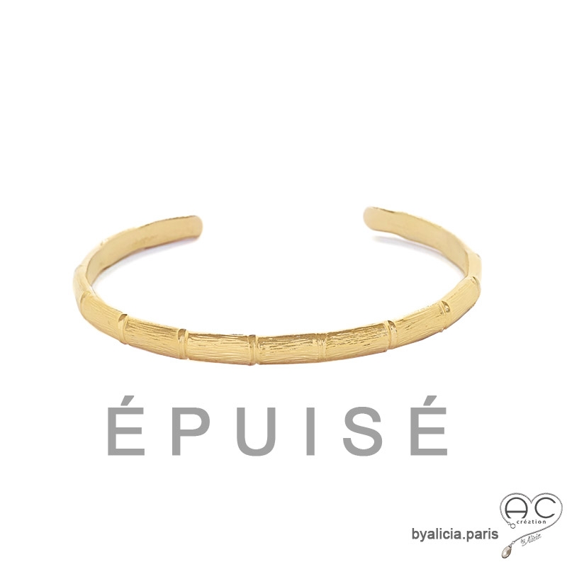 Bracelet jonc ouvert, tige de bambou en plaqué or ciselé, chic, femme