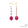Boucles d'oreilles sillimanite rubis et grenat, pierres semi-précieuses, argent 925 doré à l'or fin, longues, création by Alicia