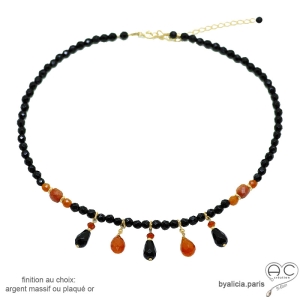 bijoux créateur en pierres naturelles collier pampilles noir et orange fabriqué à la main en France