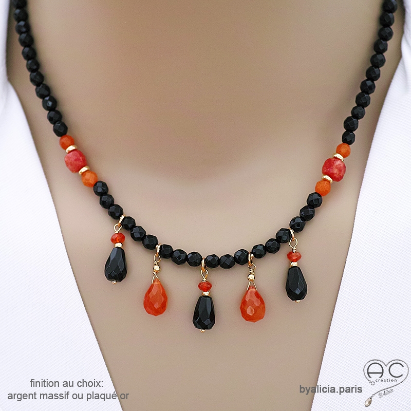 Collier avec pampilles en onyx noire et cornaline, plaqué or ou argent, création by Alicia