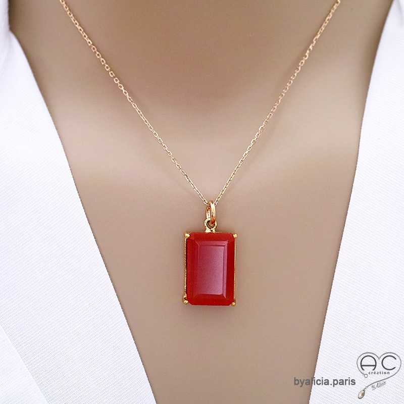 Pendentif en cornaline, pierre naturelle rectangulaire, argent doré à l'or fin