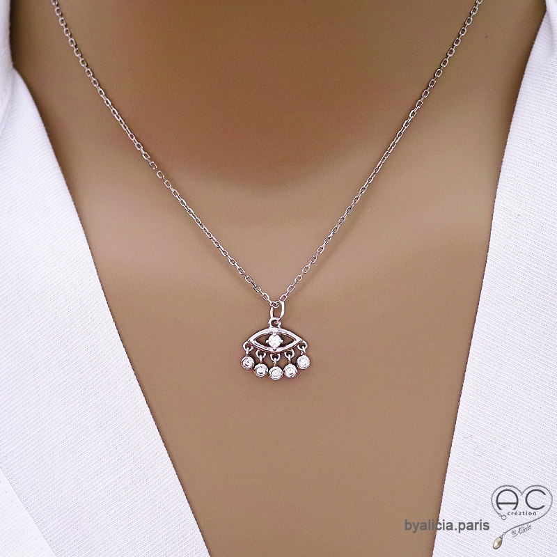 Collier pendentif Œil protecteur avec pampilles en argent et oxydes de zirconium