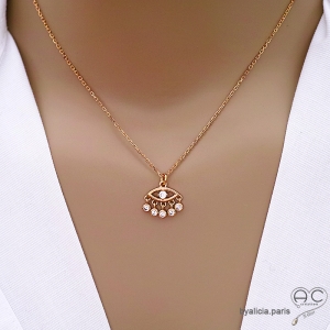 pendentif oeil plaqué or avec pampilles en zirconium brillant, bijou femme