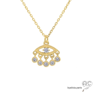 Collier pendentif Œil protecteur avec pampilles en plaqué or et oxydes de zirconium