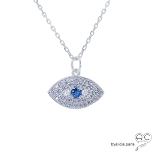 Collier pendentif Œil protecteur pavé en argent et oxydes de zirconium
