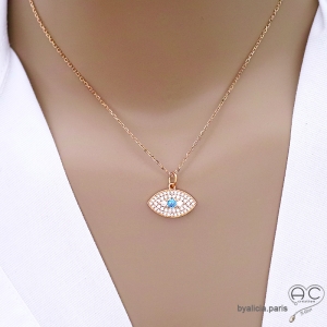 Collier pendentif Œil protecteur pavé en plaqué or et oxydes de zirconium
