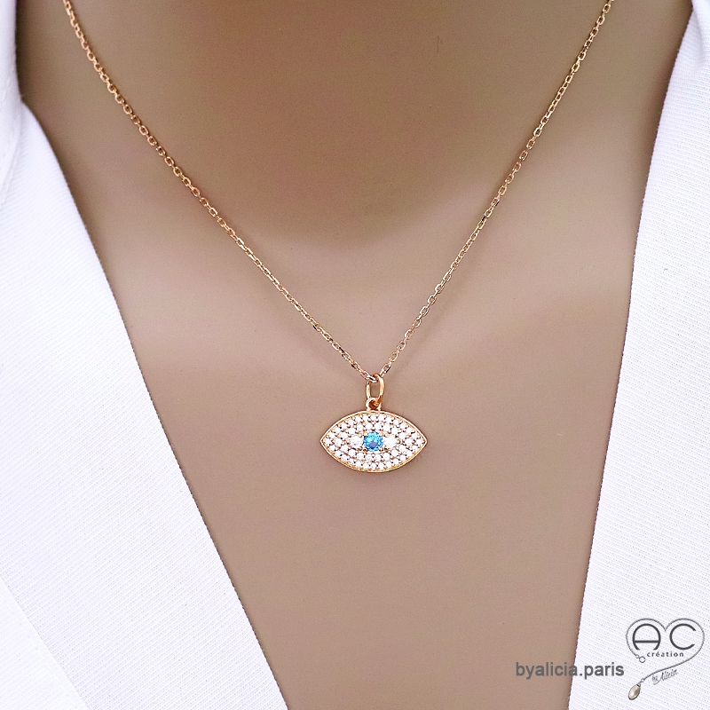 Collier pendentif Œil protecteur pavé en plaqué or et oxydes de zirconium