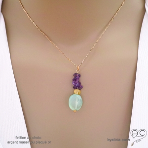 Collier pendentif en calcédoine aqua, améthyste et citrine, pierres naturelles, fait main, création by Alicia