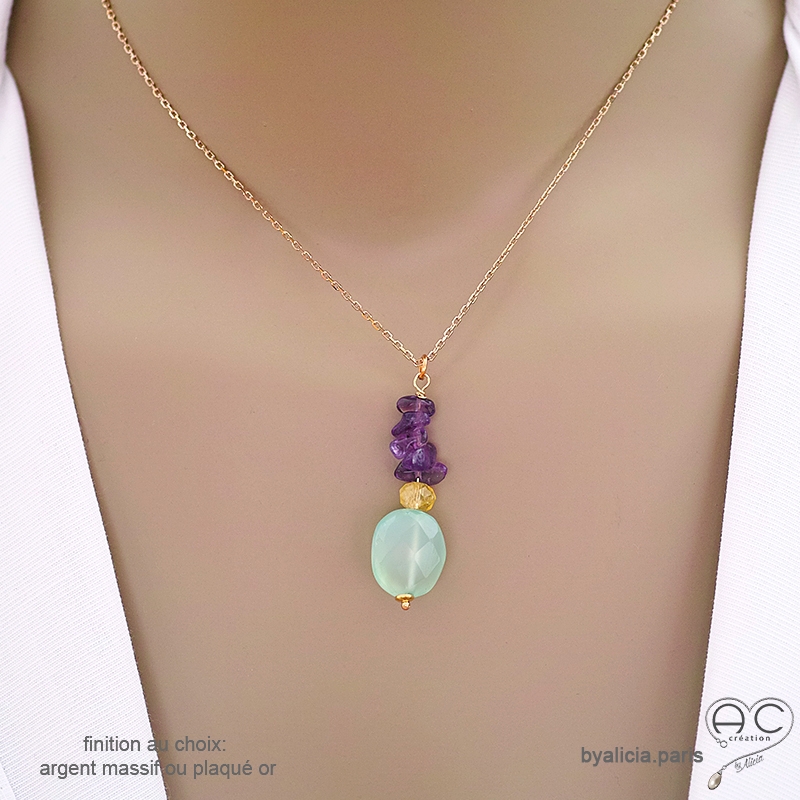 Collier pendentif en calcédoine aqua, améthyste et citrine, pierres naturelles, fait main, création by Alicia