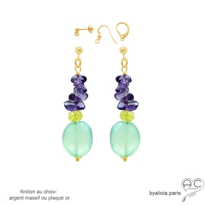 Boucles d'oreilles plaqué or ou argent avec calcédoine aqua, améthyste et citrine, pierres naturelles, fait main en France