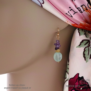 Boucles d'oreilles en calcédoine aqua, améthyste et citrine, pierres naturelles, fait main, création by Alicia