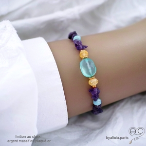 Bracelet calcédoine aqua, améthyste et citrine sur élastique, plaqué or ou argent fait main en France