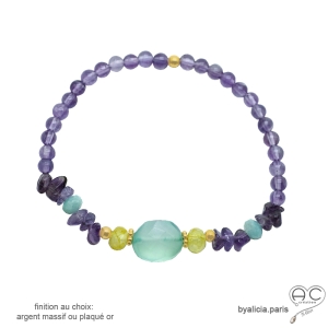 bracelet élastique avec pierres naturelles améthyste, calcédoine aqua, citrine, finition plaqué or
