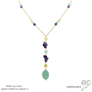 collier cravate pierres naturelles calcédoine, améthyste, citrine, plaqué or ou argent, fait main en France