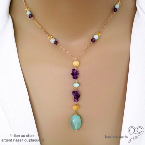 Collier cravate en calcédoine aqua, améthyste et citrine, chaîne plaqué or ou argent, fait main, création by Alicia