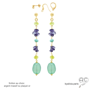 Boucles d'oreilles longues plaqué or ou argent avec calcédoine aqua, améthyste et citrine, pierres naturelles, fait main