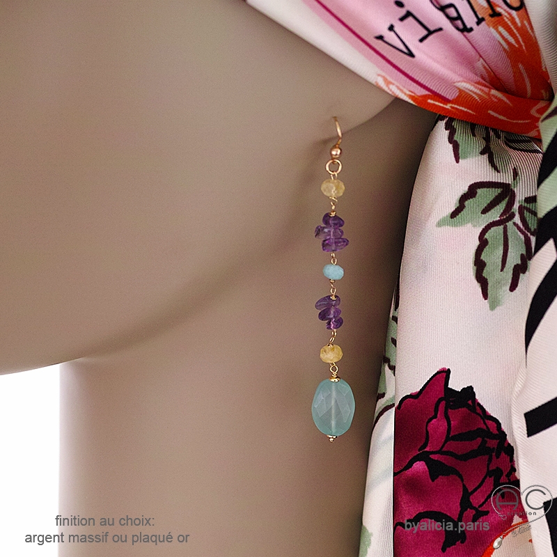 Boucles d'oreilles longues en calcédoine aqua, améthyste et citrine, pierres naturelles, fait main, création by Alicia