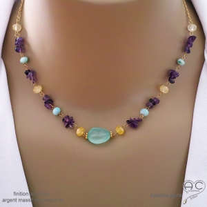 Collier en calcédoine aqua, améthyste et citrine, chaîne plaqué or ou argent, fait main, création by Alicia