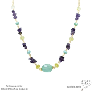 collier pierres naturelles calcédoine, améthyste, citrine, plaqué or ou argent, fait main en France