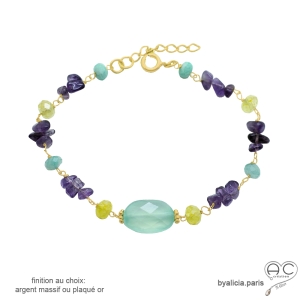 bracelet avec pierres naturelles améthyste calcédoine aqua citrine finition argent ou plaqué or
