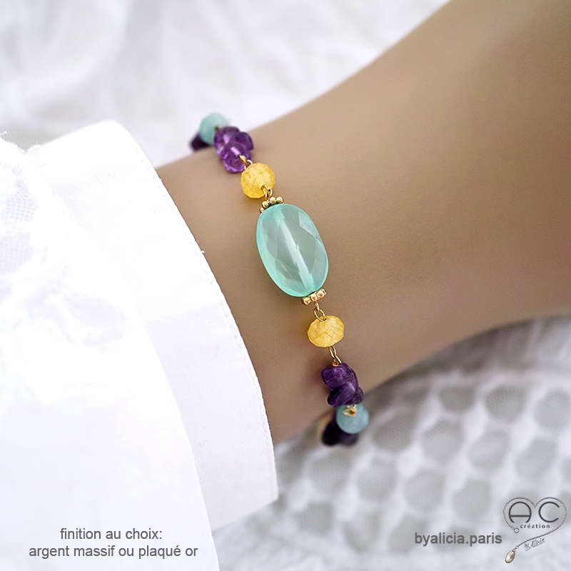 Bracelet en calcédoine aqua, améthyste et citrine, plaqué or ou argent, fait main, création by Alicia