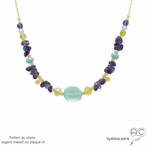 collier pierres semi-précieuses calcédoine, améthyste, citrine, plaqué or ou argent, fait main en France
