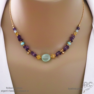 Collier en calcédoine aqua, améthyste et citrine, chaîne fine plaqué or ou argent, fait main, création by Alicia