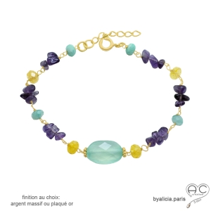 bracelet avec pierres naturelles améthyste calcédoine aqua citrine finition argent ou plaqué or