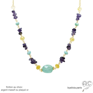 collier pierres naturelles calcédoine, améthyste, citrine, plaqué or ou argent, fait main en France