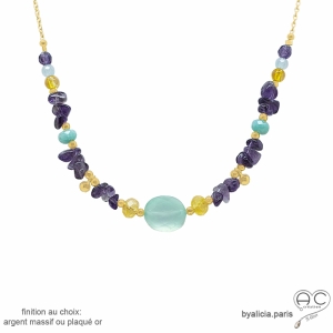 collier pierres semi-précieuses calcédoine, améthyste, citrine, plaqué or ou argent, fait main en France
