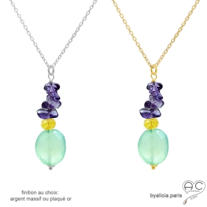 collier pendentif pierres naturelles calcédoine, améthyste, citrine, plaqué or ou argent, fait main en France