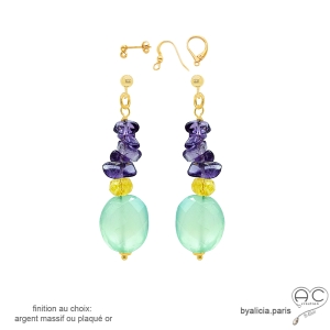 Boucles d'oreilles plaqué or ou argent avec calcédoine aqua, améthyste et citrine, pierres naturelles, fait main en France