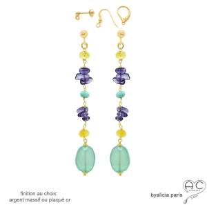 Boucles d'oreilles longues plaqué or ou argent avec calcédoine aqua, améthyste et citrine, pierres naturelles, fait main