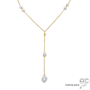 collier cravate en plaqué or et perles naturelles blanches fait main en France