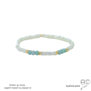 bracelet pierres naturelles nacre, amazonite et plaqué or, fait main