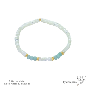 Bracelet nacre blanche, amazonite, plaqué or, fait man en France
