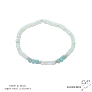 Bracelet nacre blanche, amazonite, argent massif, fait man en France