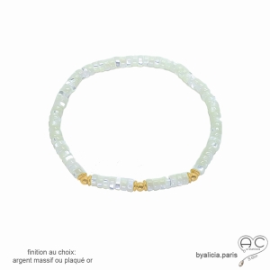 bracelet femme nacre blanche sur élastique, plaqué or, artisanal