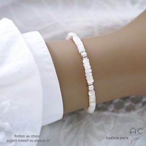 Bracelet nacre blanche et argent, bohème chic, fait man, création by Alicia