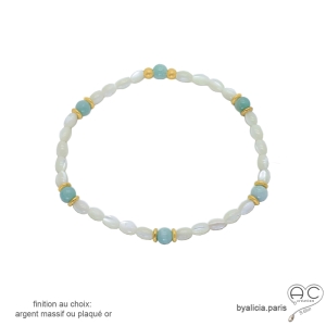 Bracelet nacre blanche, amazonite et plaqué or, fait man en France