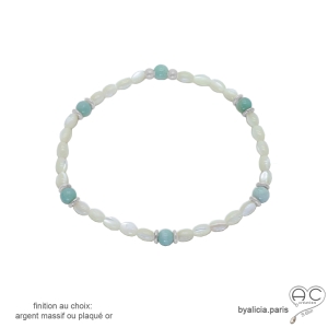 Bracelet nacre blanche, amazonite et argent massif, fait man en France