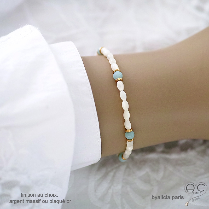 Bracelet nacre blanche et amazonite, bohème chic, fait man, création by Alicia