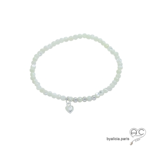 bracelet fin en nacre blanche avec pampille coeur en argent 925, bracelet mariage femme, fait main crèation by Alicia