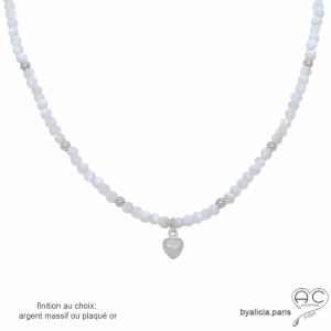 ras de cou blanc femme nacre et coeur argent collier fait sur mesure en France