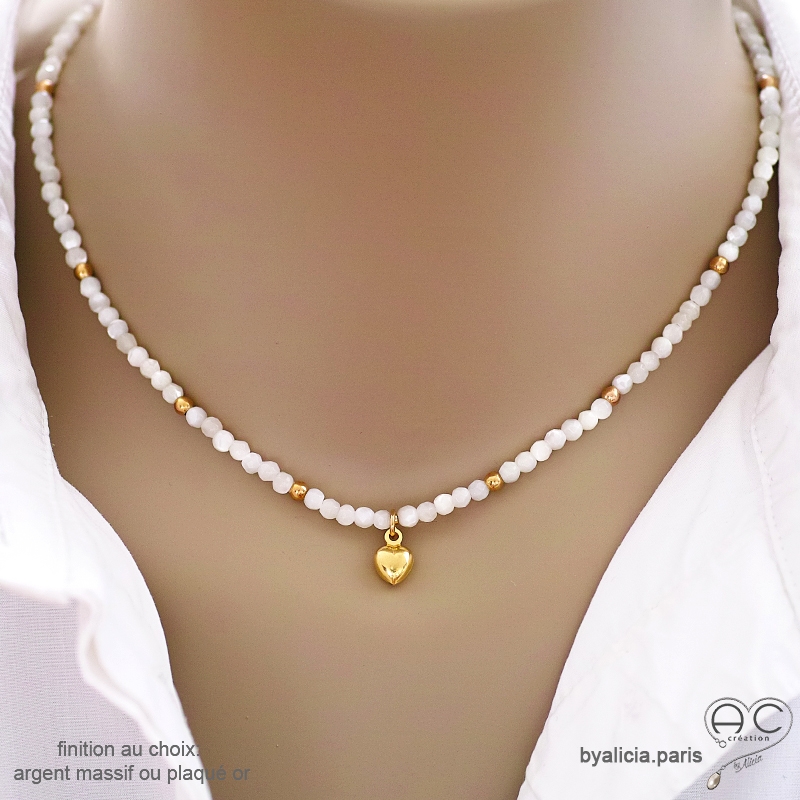 Collier ras de cou fin nacre blanche et pampille coeur en plaqué or ou argent fait man création by Alicia
